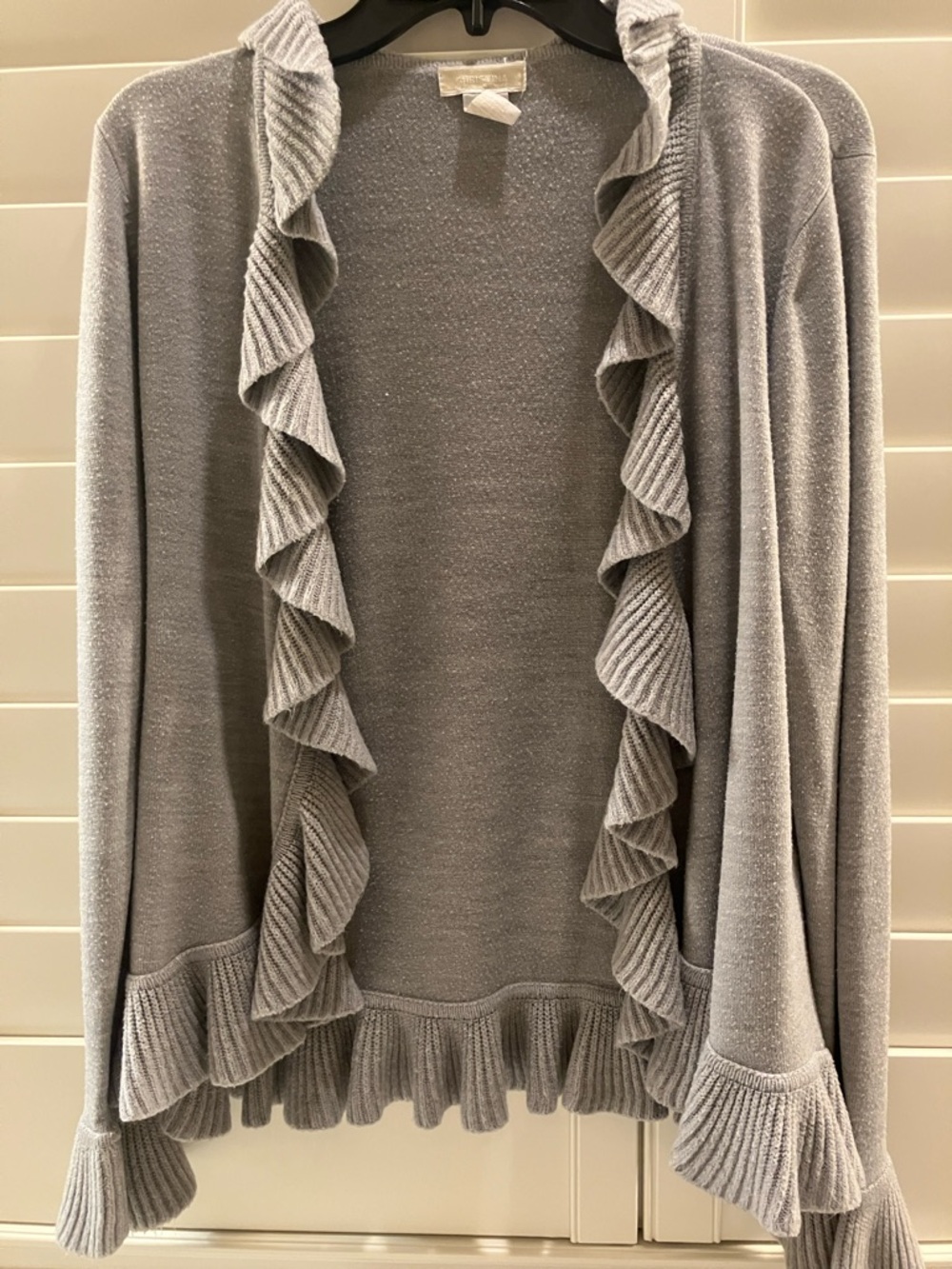 Christina Petite Gray Ruffle-Trim Knit Cardigan